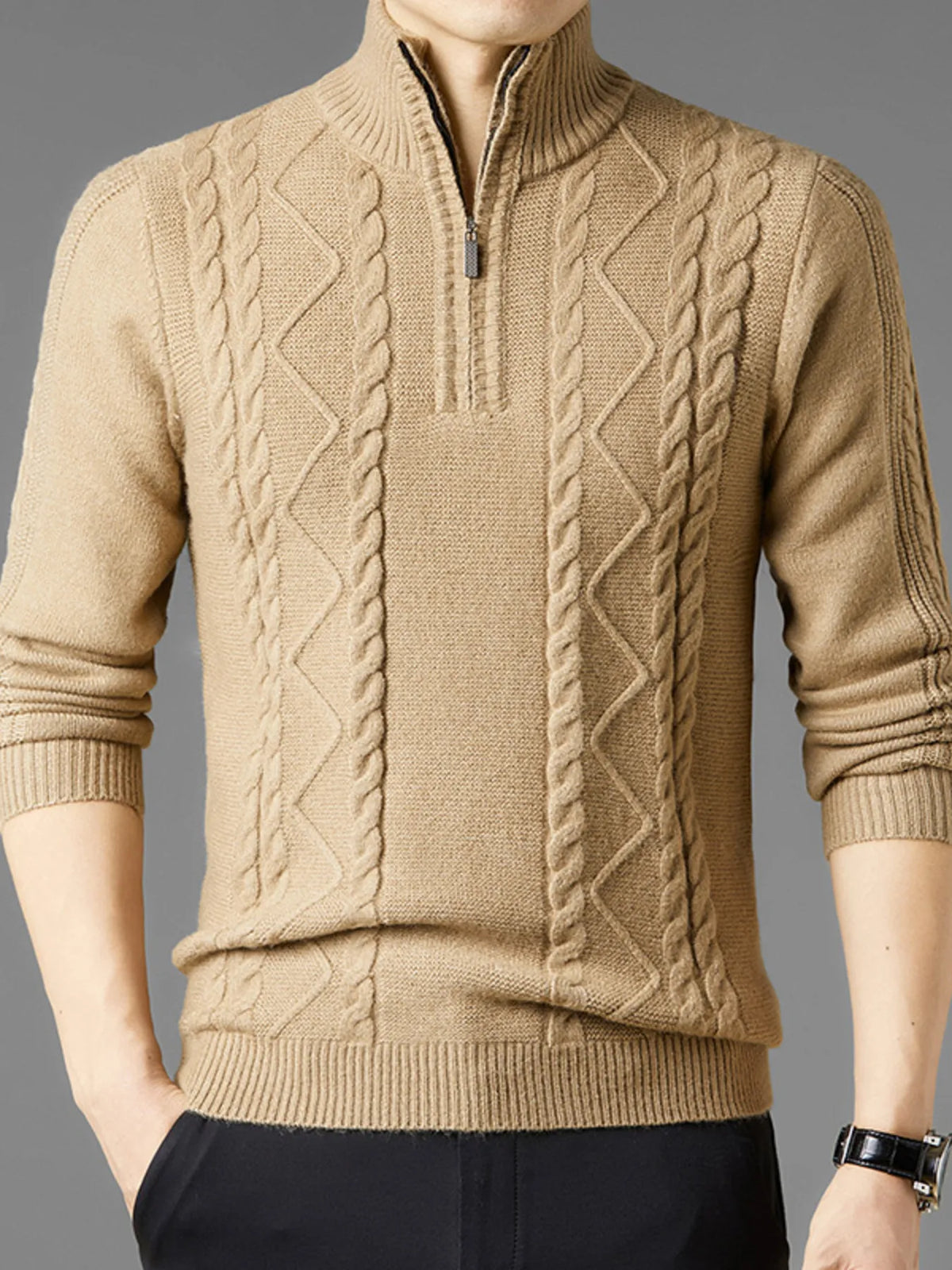 Men's Plus Size Cable Knit Quarter-Zip Sweater