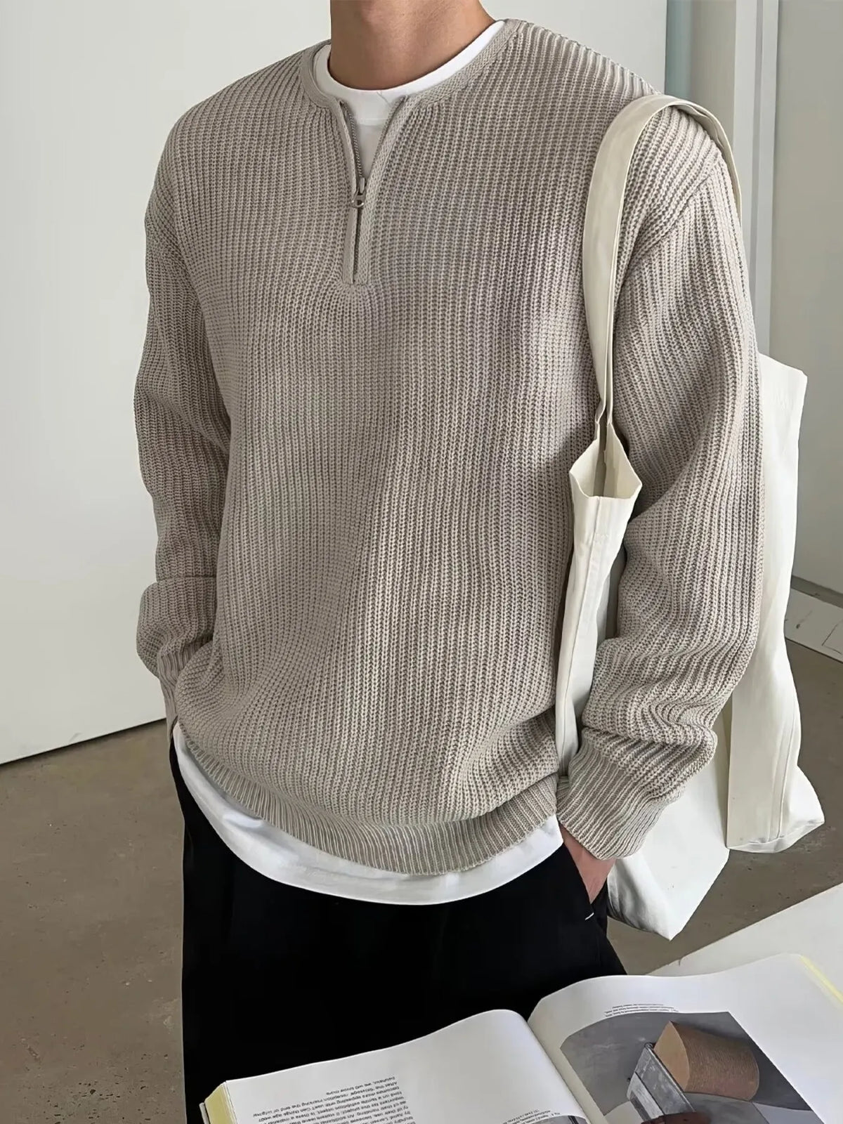 Men's Plus Size Quarter Zip Relaxed Fit Pullover Sweater