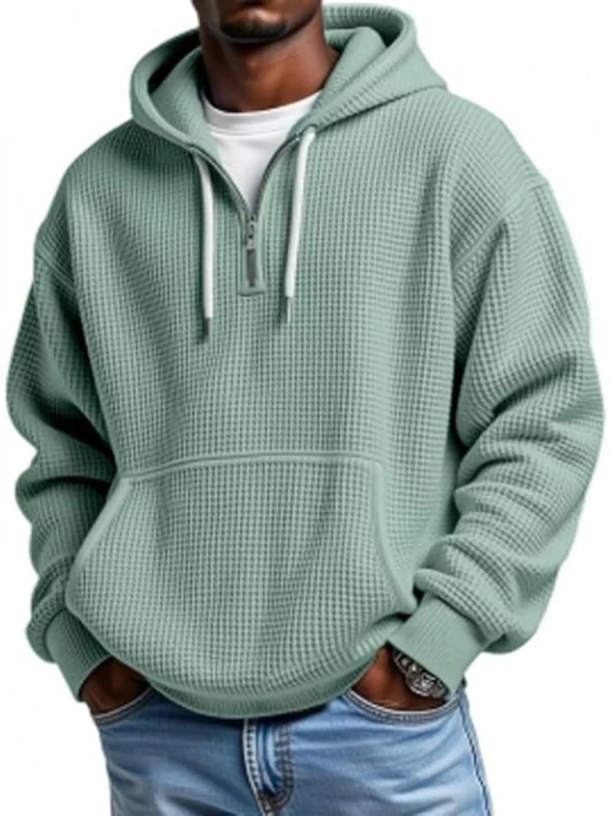 Men's Full Size Waffle Knit Quarter Zip Hoodie Plus Size