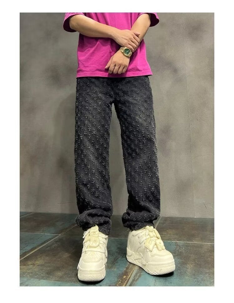 High Street Hip Hop Trousers, Trendy Brand Cool and Handsome Jacquard Full Print Jeans for Men, American Style Vibe Straight Leg Pants