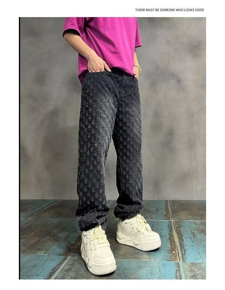 High Street Hip Hop Trousers, Trendy Brand Cool and Handsome Jacquard Full Print Jeans for Men, American Style Vibe Straight Leg Pants