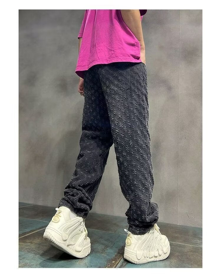 High Street Hip Hop Trousers, Trendy Brand Cool and Handsome Jacquard Full Print Jeans for Men, American Style Vibe Straight Leg Pants
