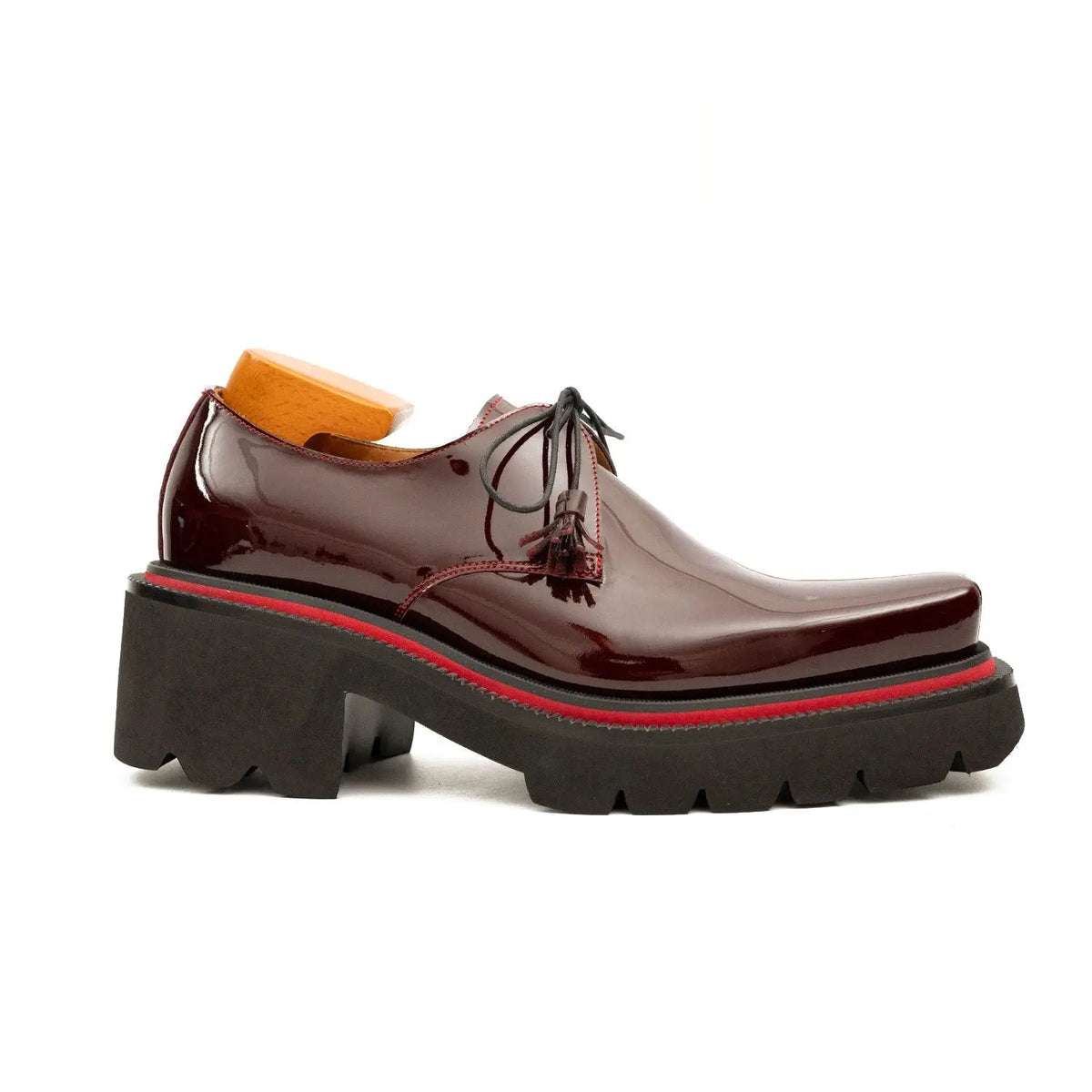 Burgundy Glossy Calfskin Derby Shoes with Lace-End Tassels