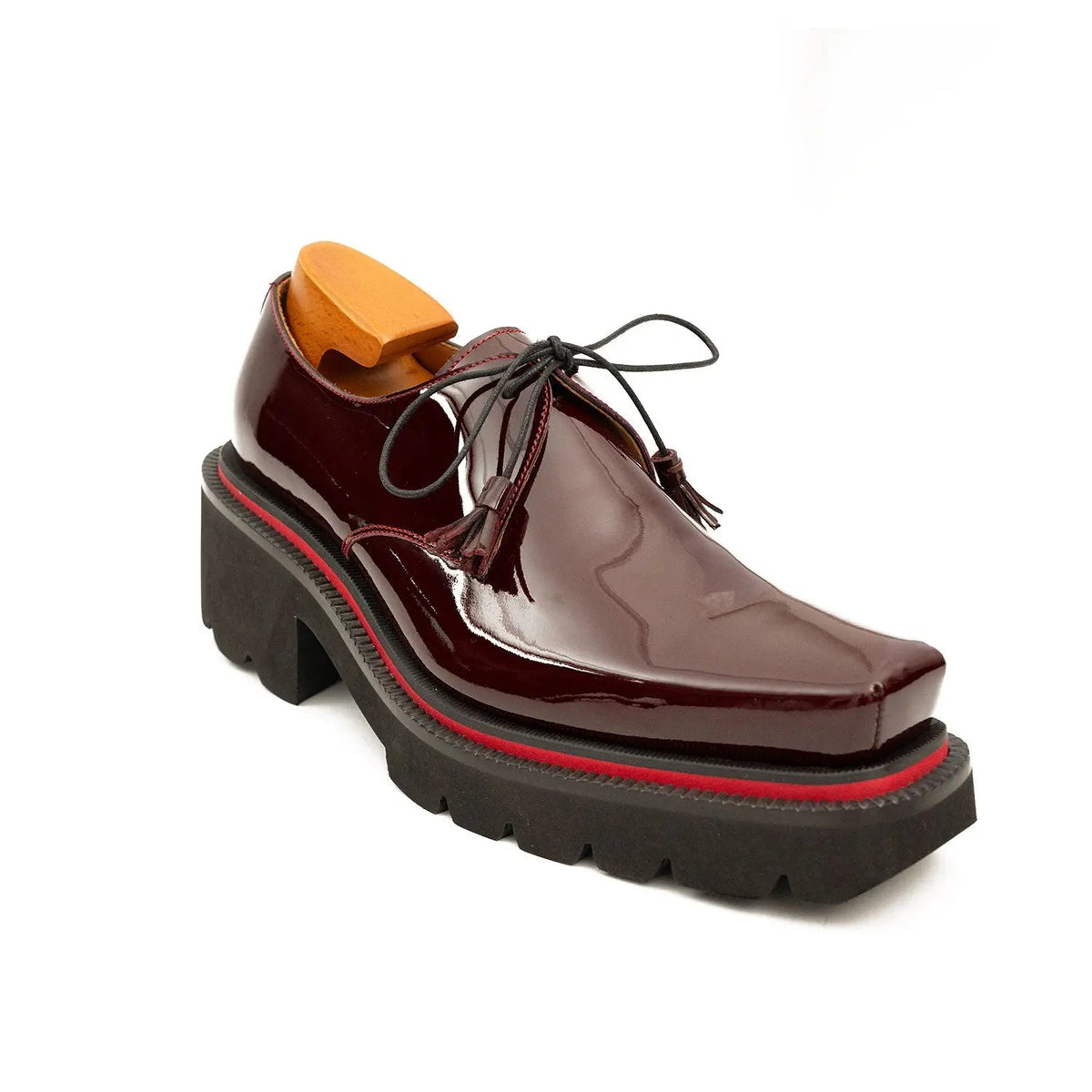 Burgundy Glossy Calfskin Derby Shoes with Lace-End Tassels