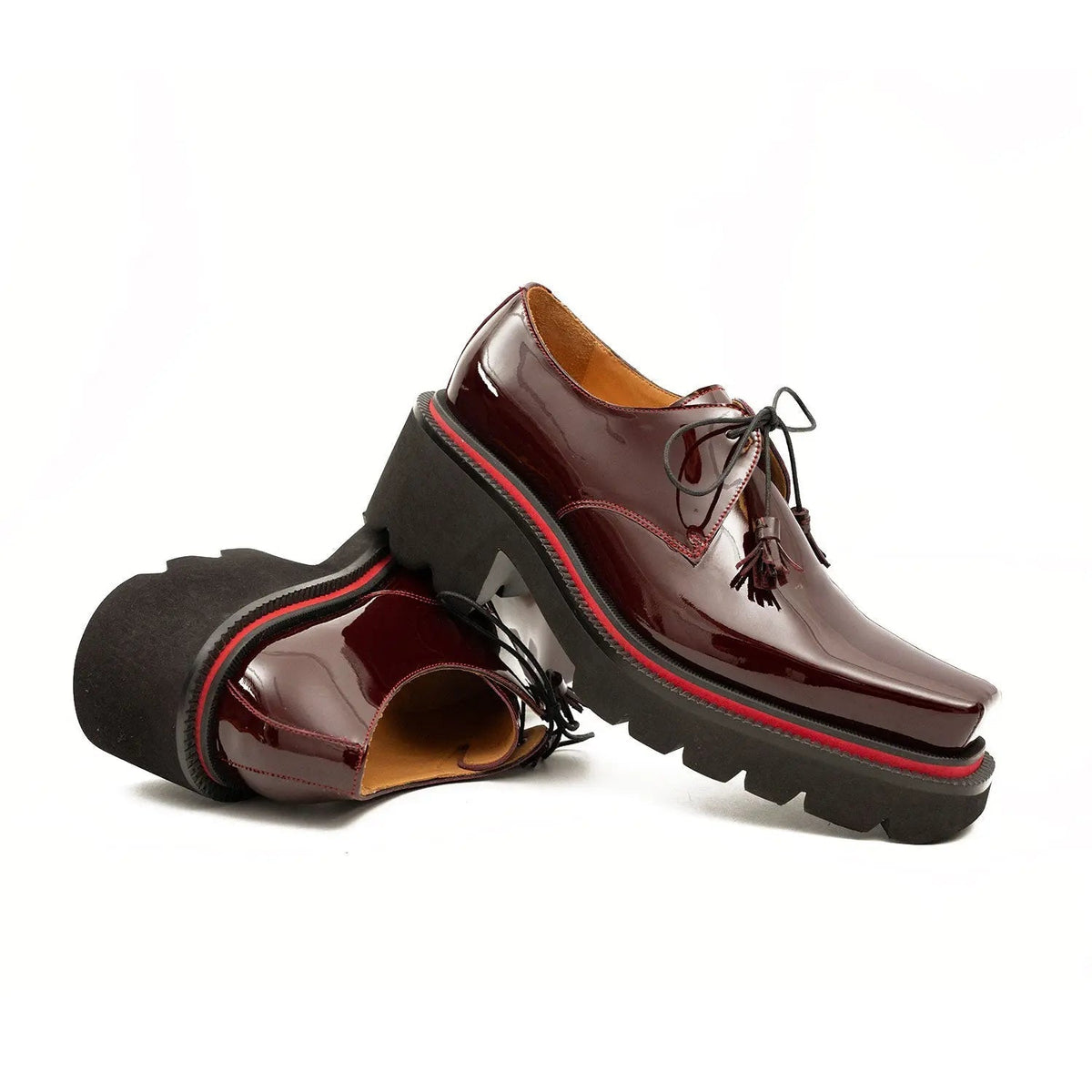 Burgundy Glossy Calfskin Derby Shoes with Lace-End Tassels