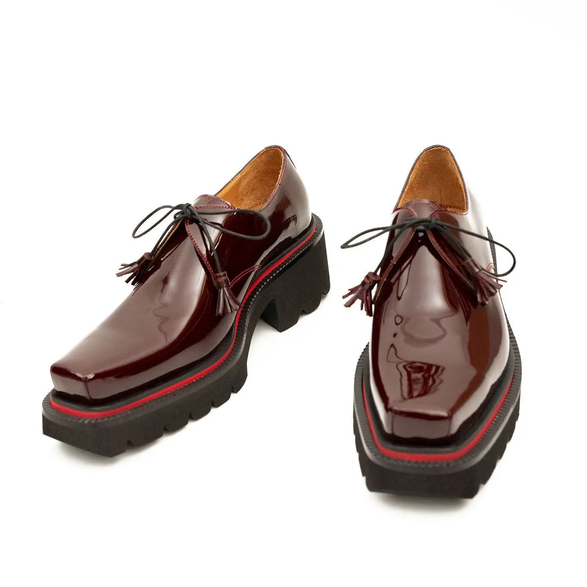 Burgundy Glossy Calfskin Derby Shoes with Lace-End Tassels