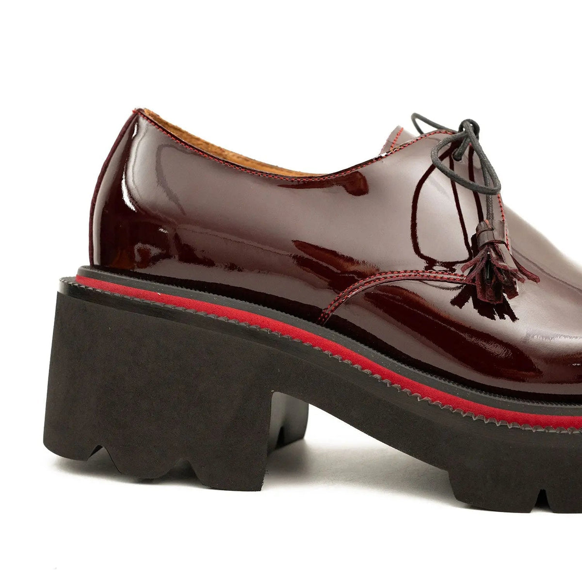 Burgundy Glossy Calfskin Derby Shoes with Lace-End Tassels