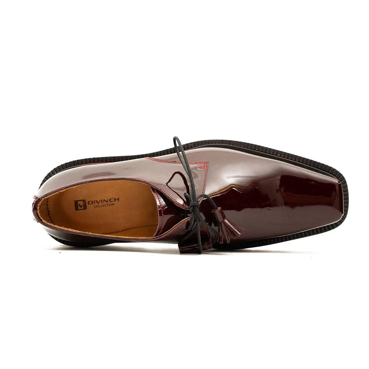 Burgundy Glossy Calfskin Derby Shoes with Lace-End Tassels
