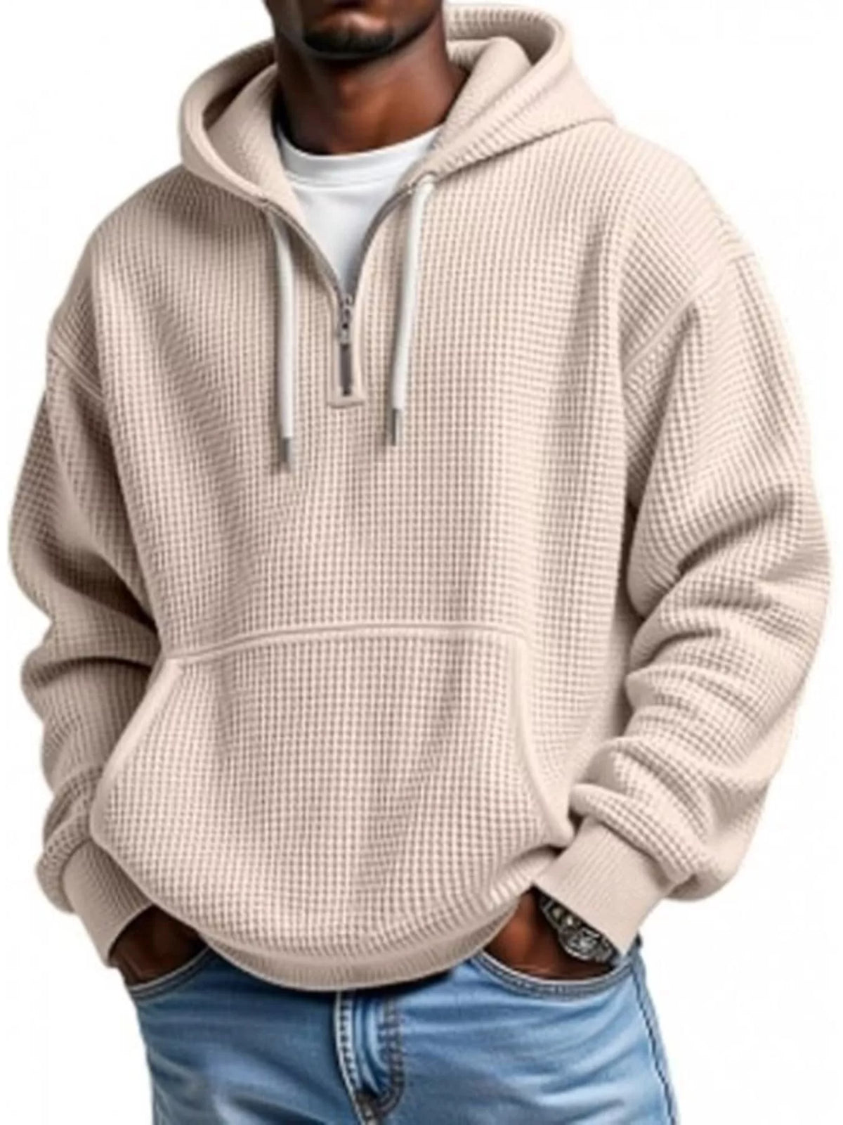 Men's Full Size Waffle Knit Quarter Zip Hoodie Plus Size